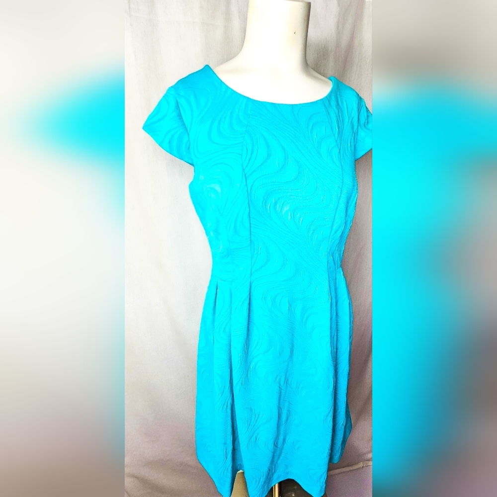 R&K Aqua Turquoise Blue Cap Sleeve Fit & Flare Dress Size 10P - Picture 2 of 11